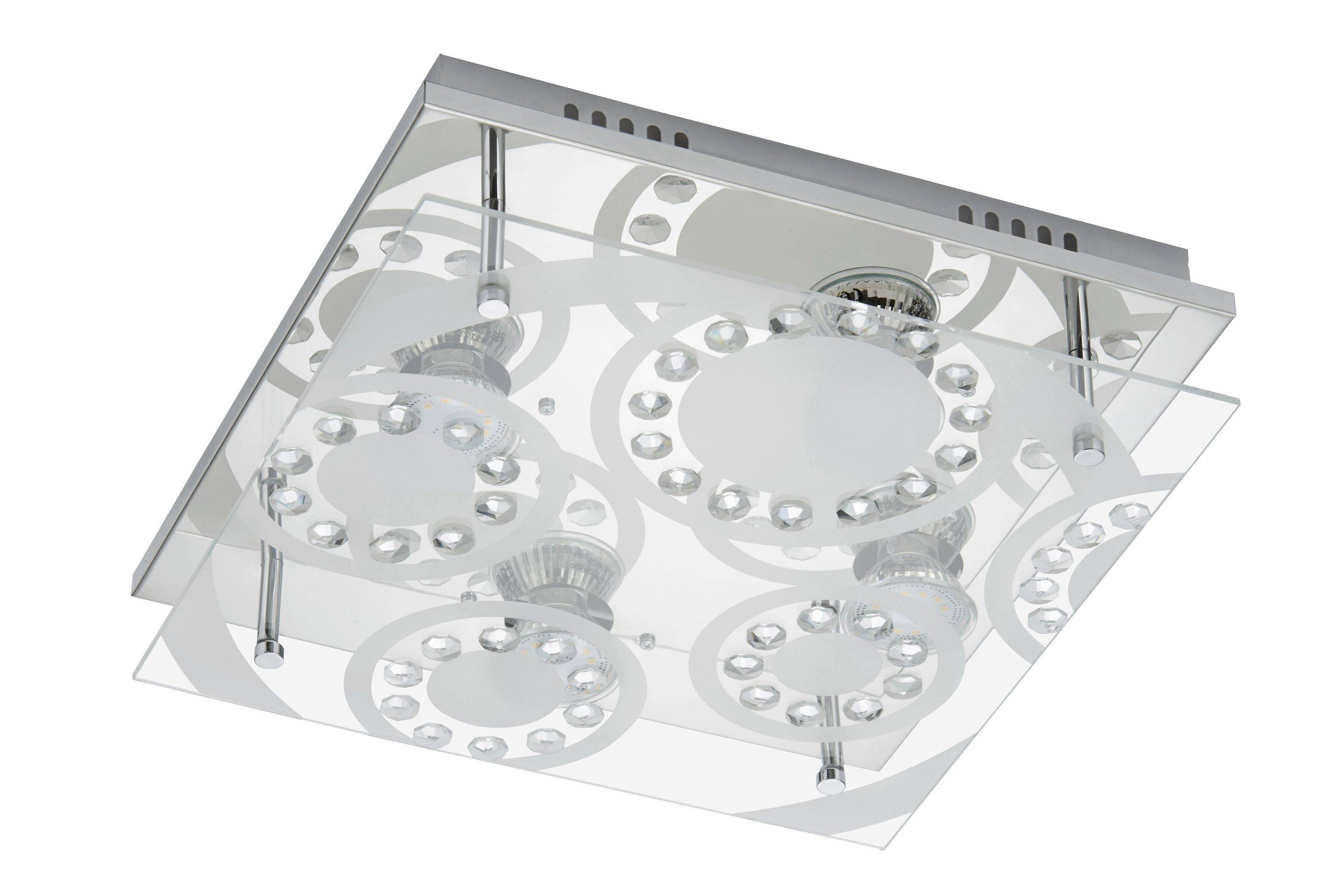 LED Deckenleuchte Chrom 4 Flammig Kristalle GU10 sat. Glas 30 x 30cm Eckig