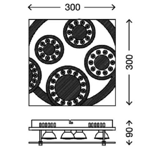 LED Deckenleuchte Chrom 4 Flammig Kristalle GU10 sat. Glas 30 x 30cm Eckig