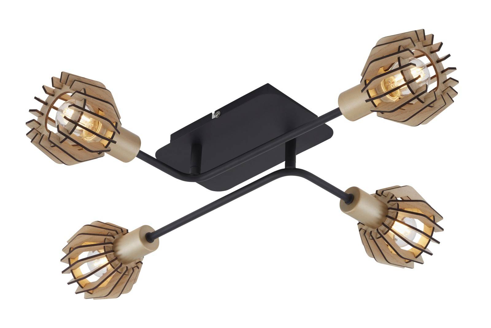 Deckenleuchte Schwarz-pale-gold Holzschirm Ahorn 4 Flg. E14