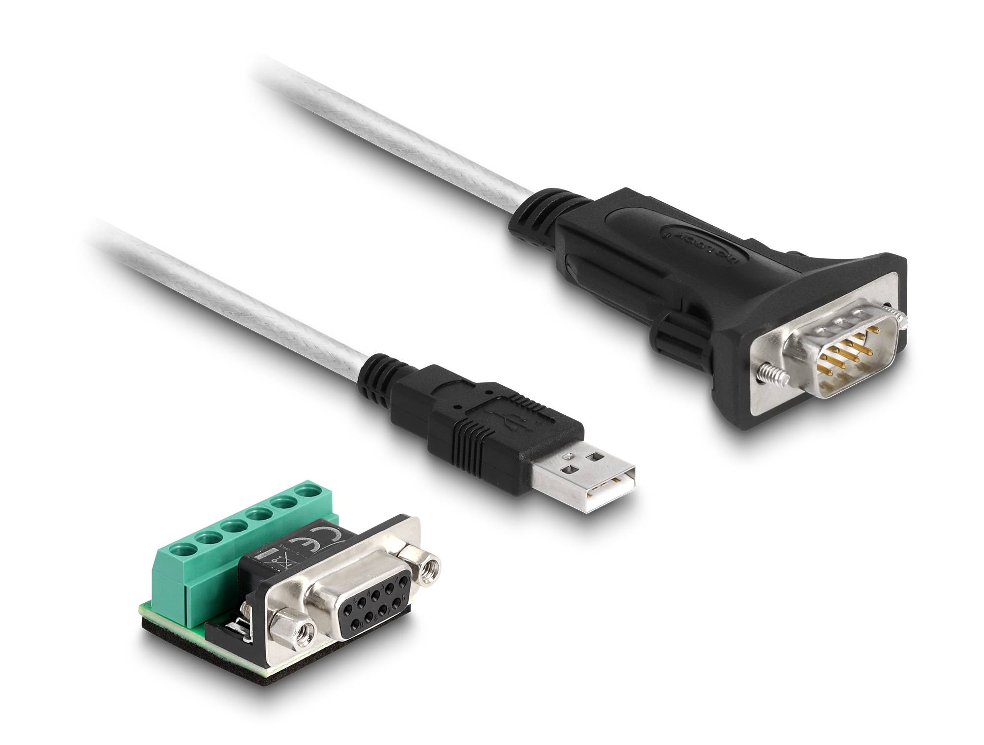 USB-Kabel und serieller Adapter mit USB-A-Stecker, DB9-Stecker und DB9-Buchsen-zu-Klemmleiste-Adapter.