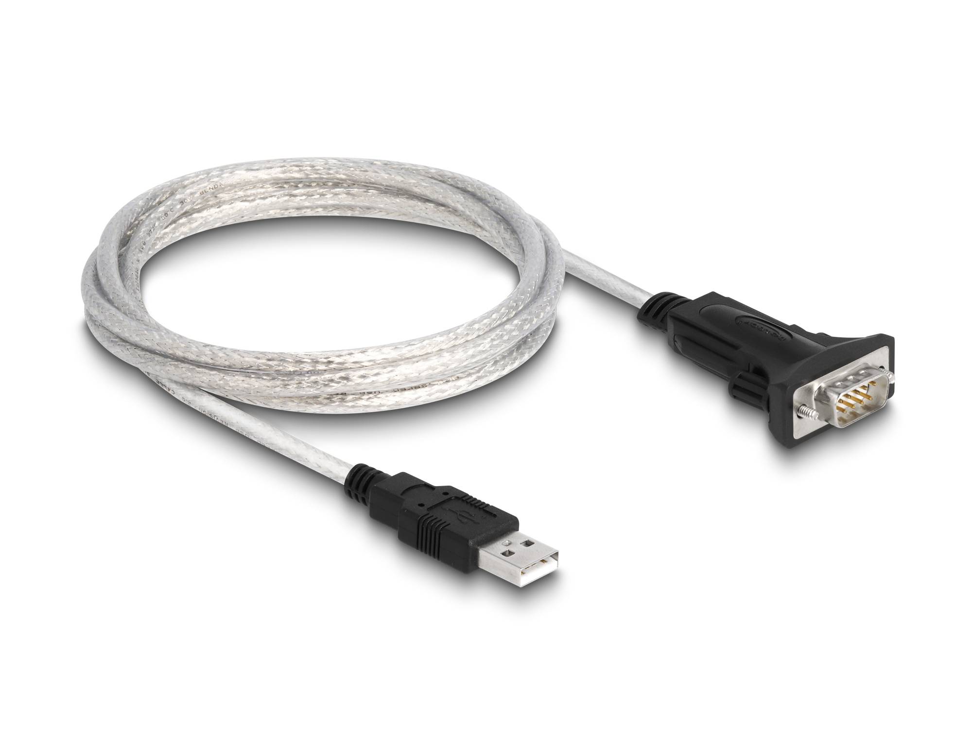 Aufgerolltes silbernes USB-Kabel mit einem USB-A-Stecker auf der einen Seite und einem 9-poligen Seriellstecker auf der anderen Seite.