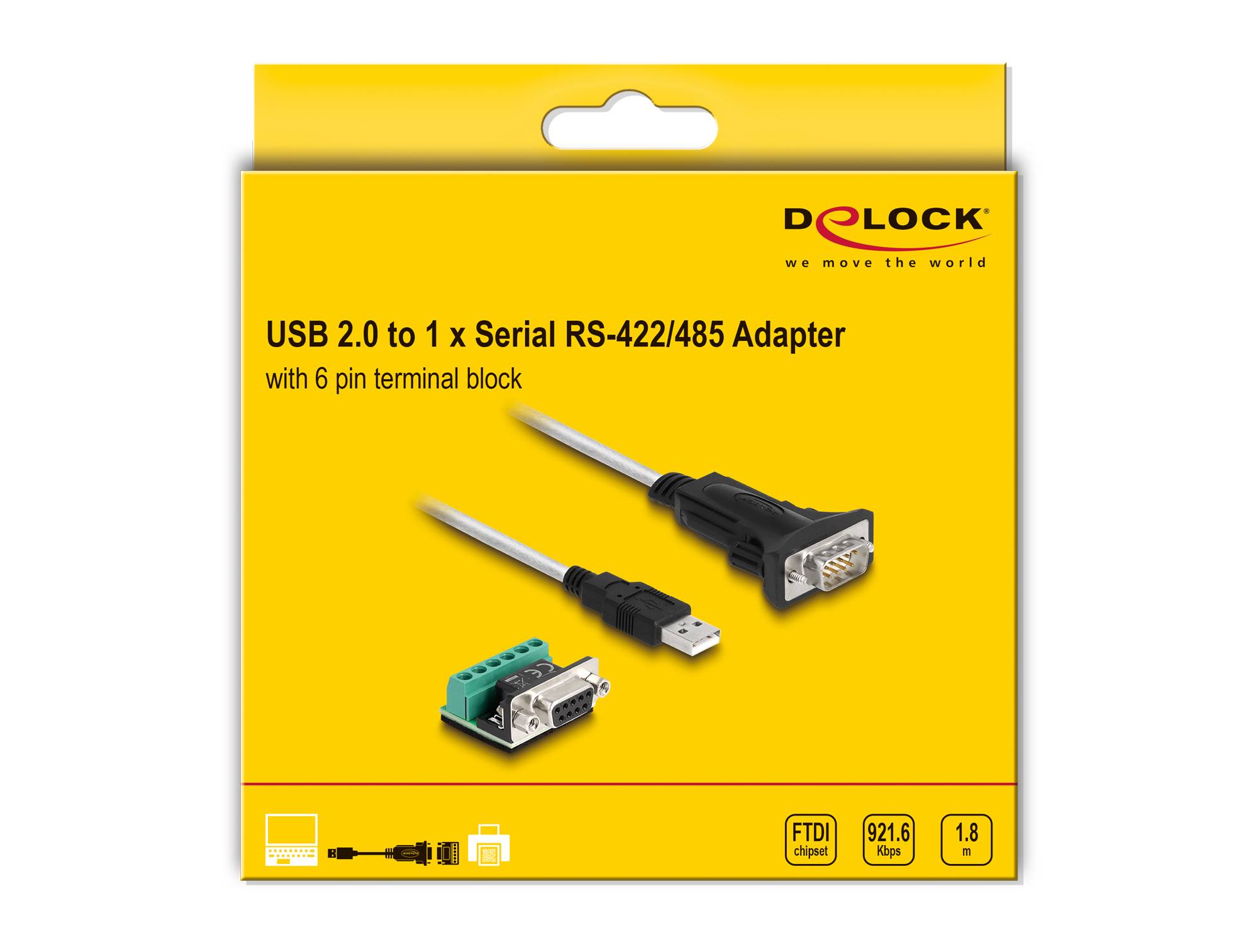 DELOCK USB 2.0 zu 1 x Seriell RS-422/485 Adapter mit 6-poligem Terminalblock Verpackung, zeigt das Adapterkabel und Stecker auf einer gelben Box.