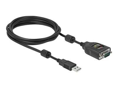 USB-zu-Seriell-Adapterkabel mit einem USB-A-Anschluss an einem Ende und einem 9-poligen DB9-Seriell-Stecker am anderen Ende.
