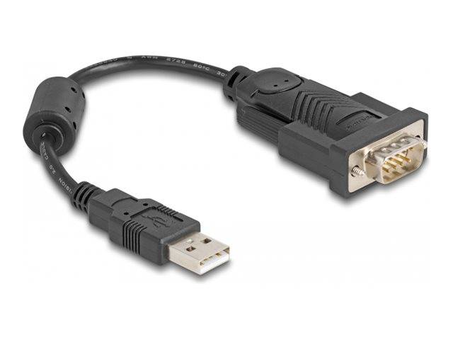 USB-zu-Seriell-Adapterkabel mit USB-A-Anschluss auf der einen Seite und 9-Pin-D-Sub-Seriellstecker auf der anderen Seite.