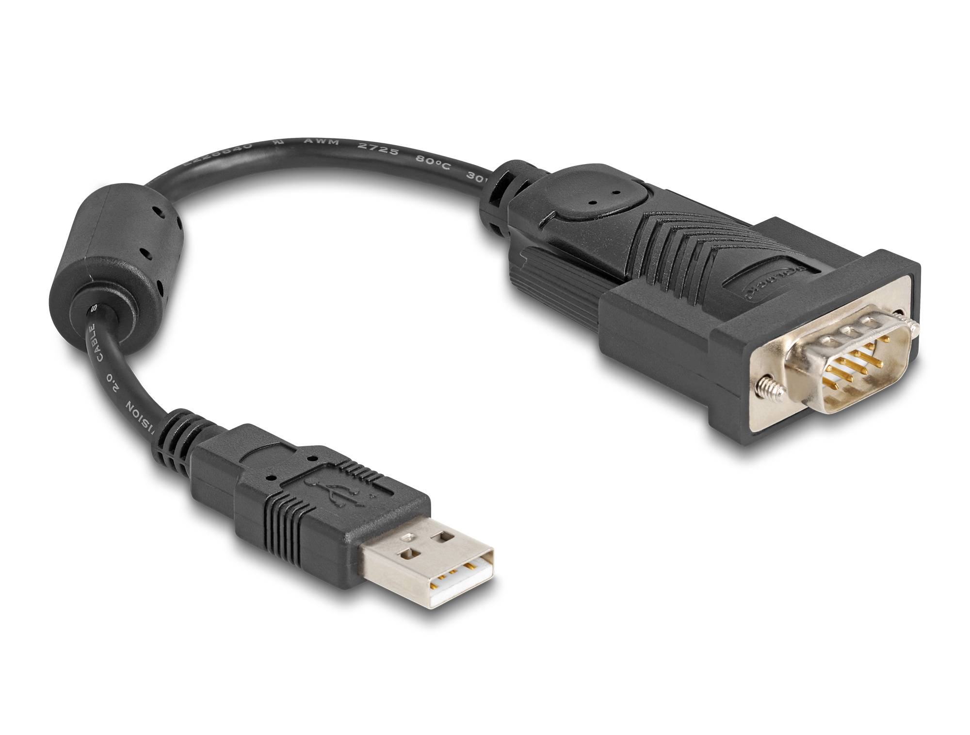 USB-Seriell-Adapterkabel mit USB-A-Stecker an einem Ende und 9-poliger DB9-Buchse am anderen Ende, dargestellt auf weißem Hintergrund.