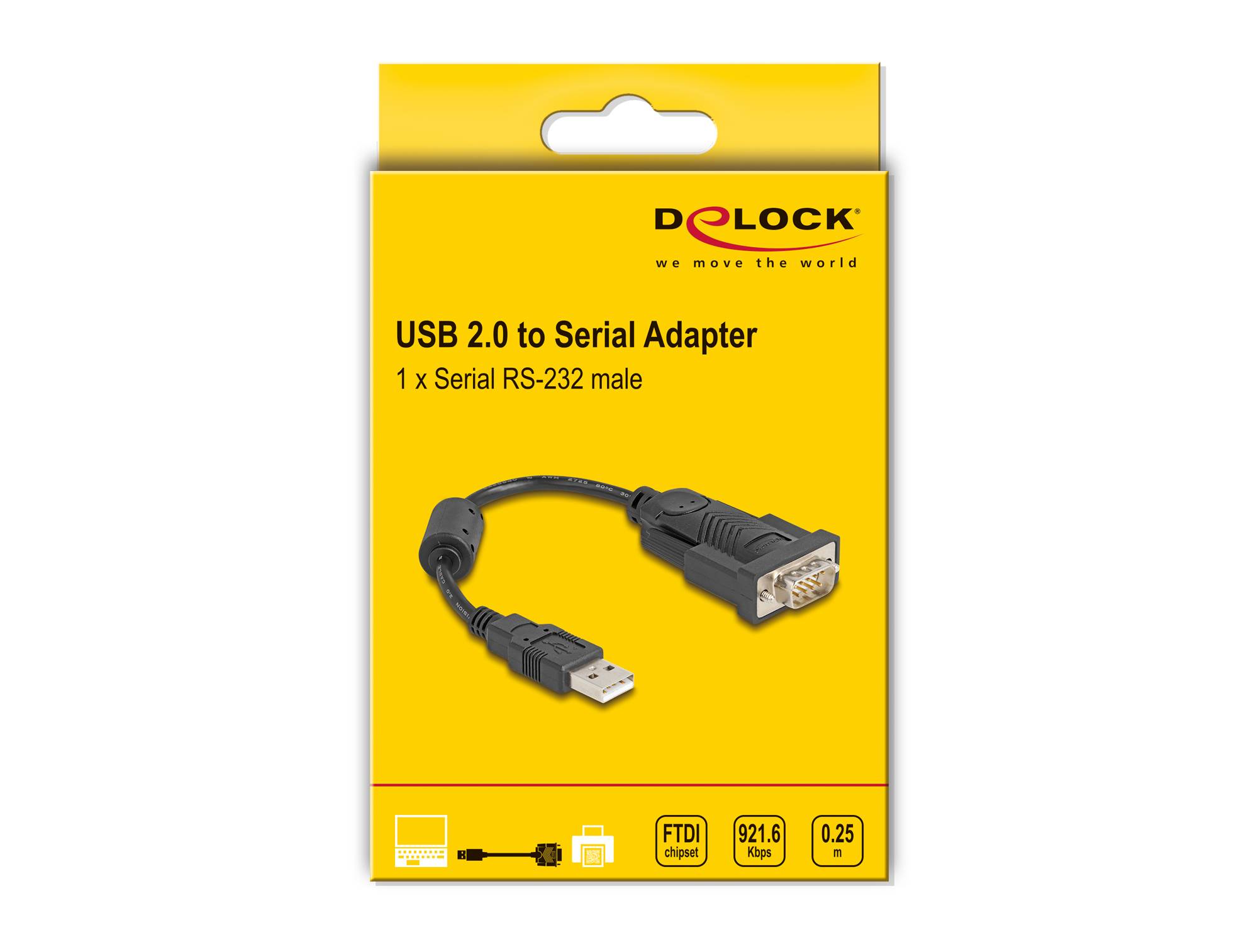 Verpackung für einen Delock USB 2.0 zu Seriell-Adapter, der einen USB-Stecker zeigt, der mit einem RS-232 Seriell-Stecker (Stecker) verbunden ist.