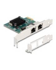 PCIe-Netzwerkadapterkarte mit schwarzem Kühlkörper und zwei Ethernet-Anschlüssen, gezeigt mit weißer Metallhalterung und alternativer Halterungseinsatz.