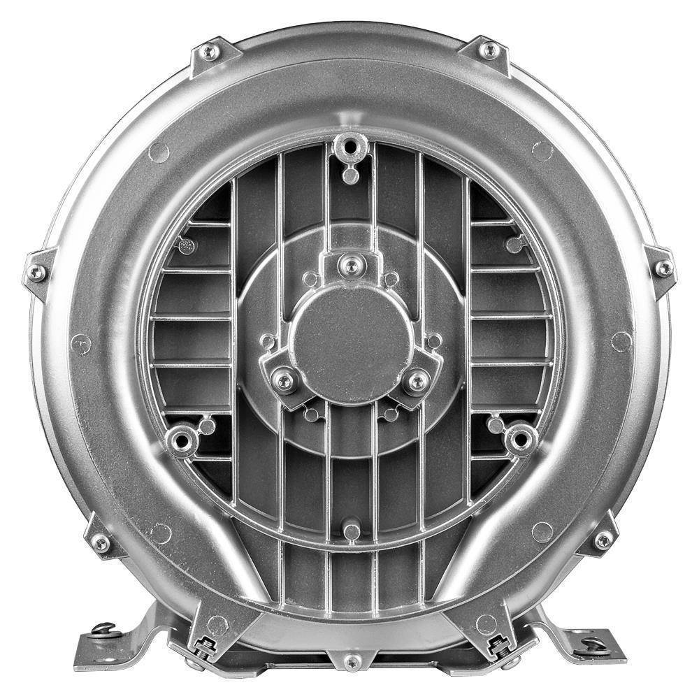 Frontansicht eines runden Metallgehäuses für ein Gebläse oder einen Ventilator mit zentraler Motorhalterung und Befestigungswinkeln.
