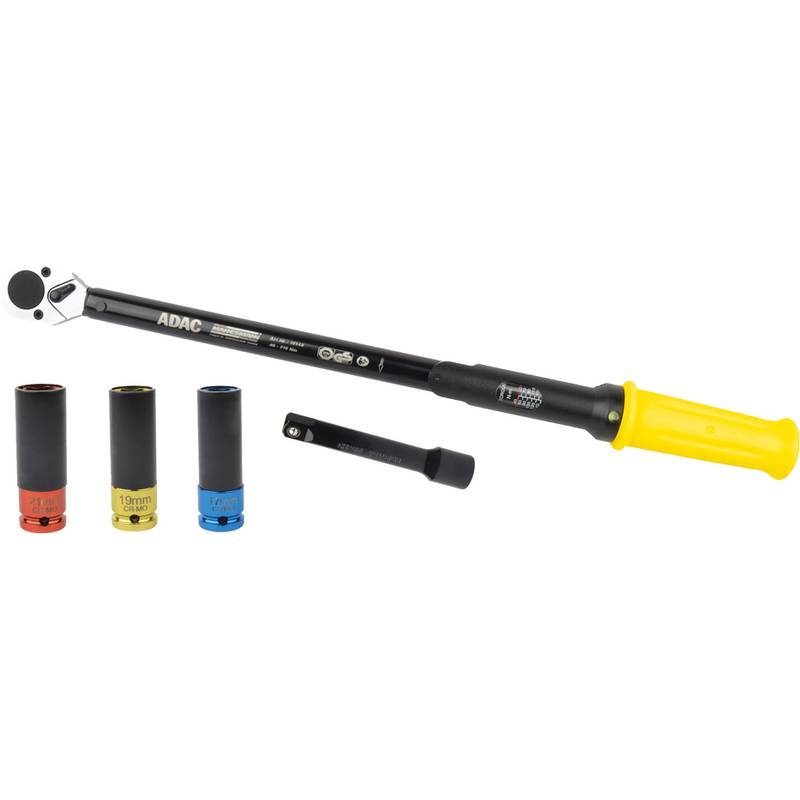 Ein Drehmomentschlüssel mit einem gelben Griff, drei farbcodierten Einsätzen (rot, gelb, blau) und einer schwarzen Verlängerung für präzise Befestigungsaufgaben.