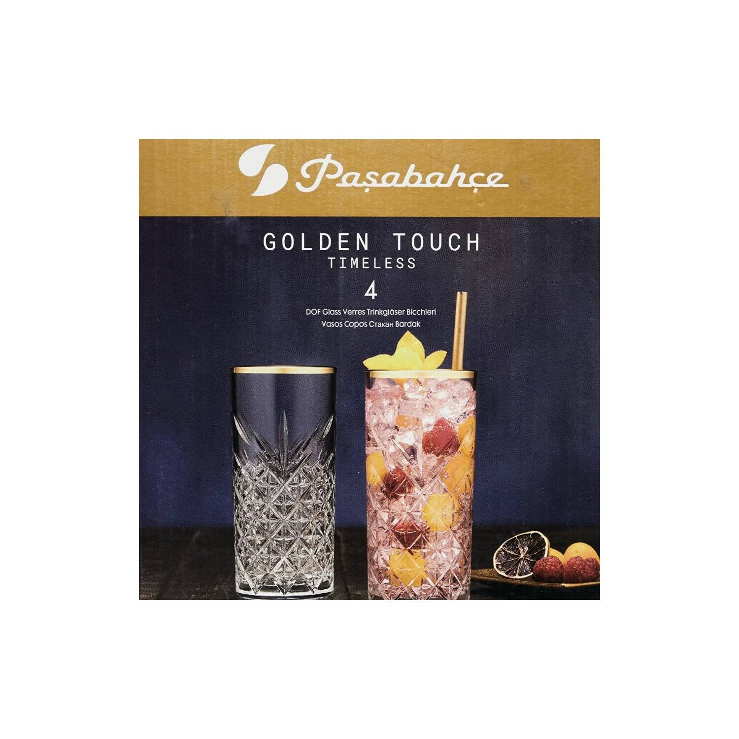 Pasabahce TIMELESS 520205 4er Set Wassergläser Lang 365 ml Gläser-Set Saft Cocktailglas GOLD