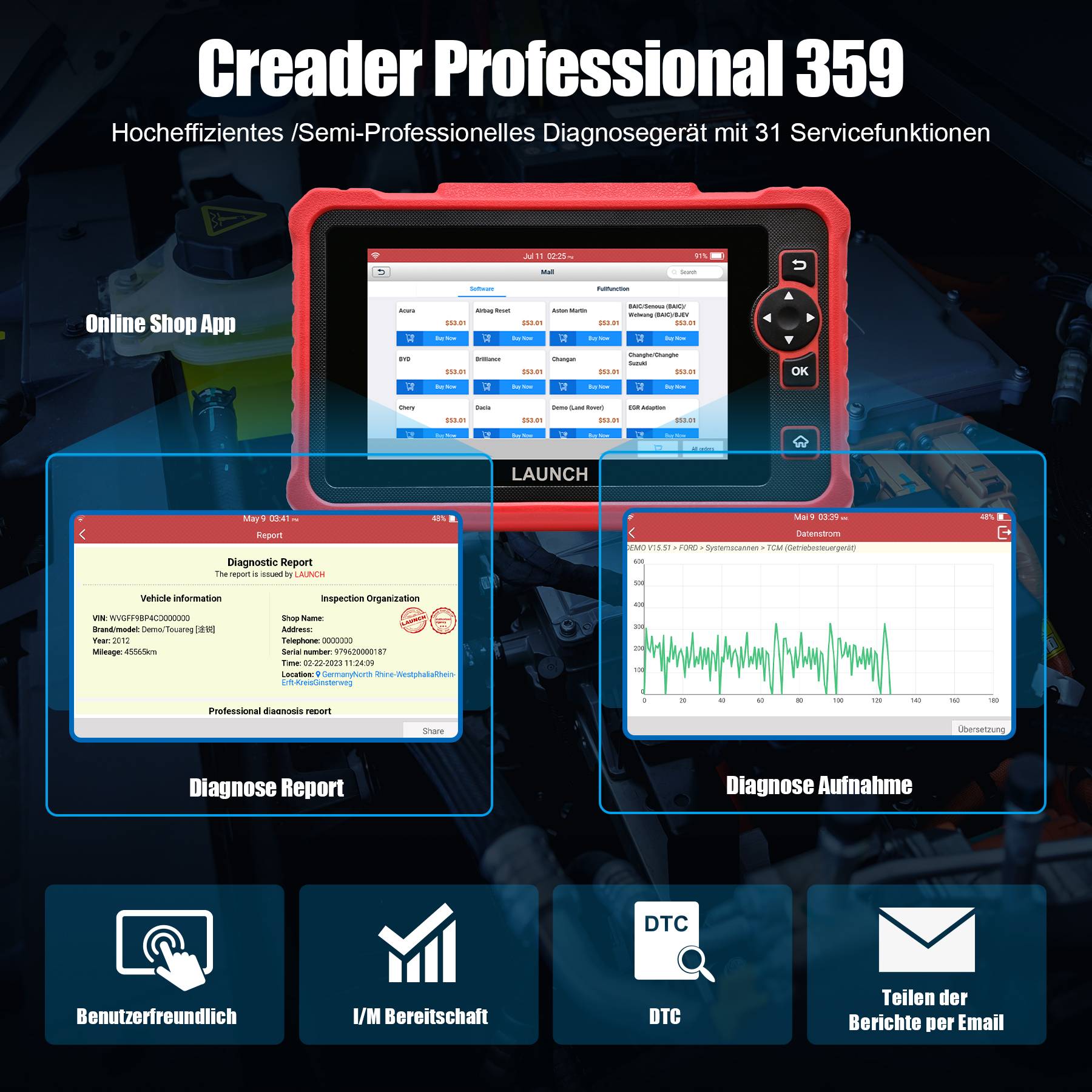 LAUNCH CRP359 KFZ OBD2 Diagnosegerät alle Steuergerät ECU Codierung Aktive Test + 31 Service Funktionen