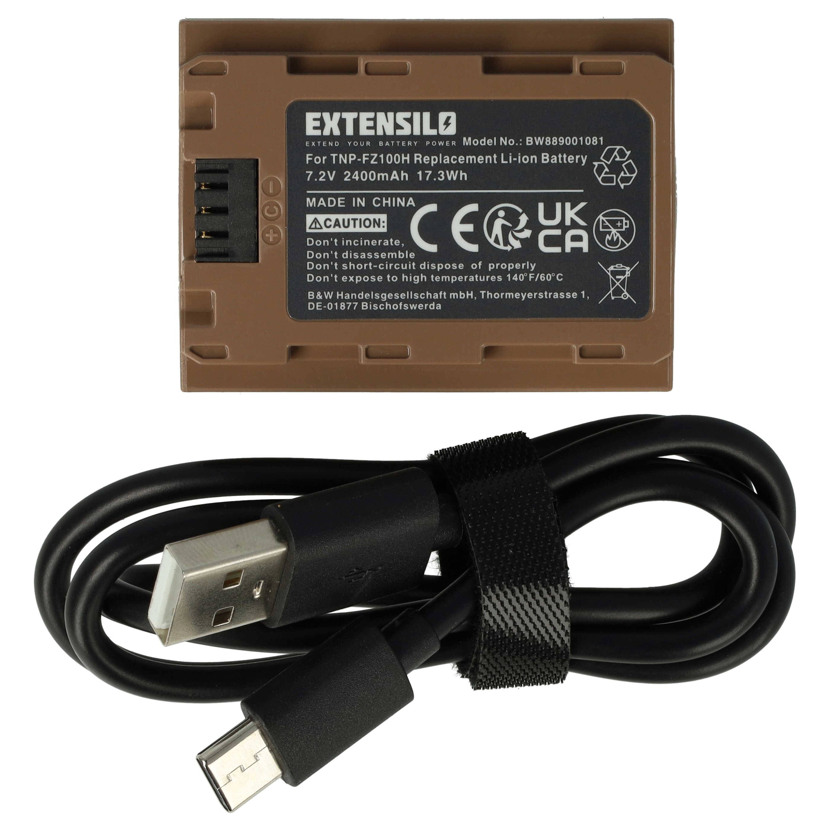 Wiederaufladbare Batterie und USB-Kabel für TNP-FZ100H-Geräte. Batterie ist 7,2V, 2400mAh, 17,3Wh. Enthält Sicherheits- und Herstellungsdetails.