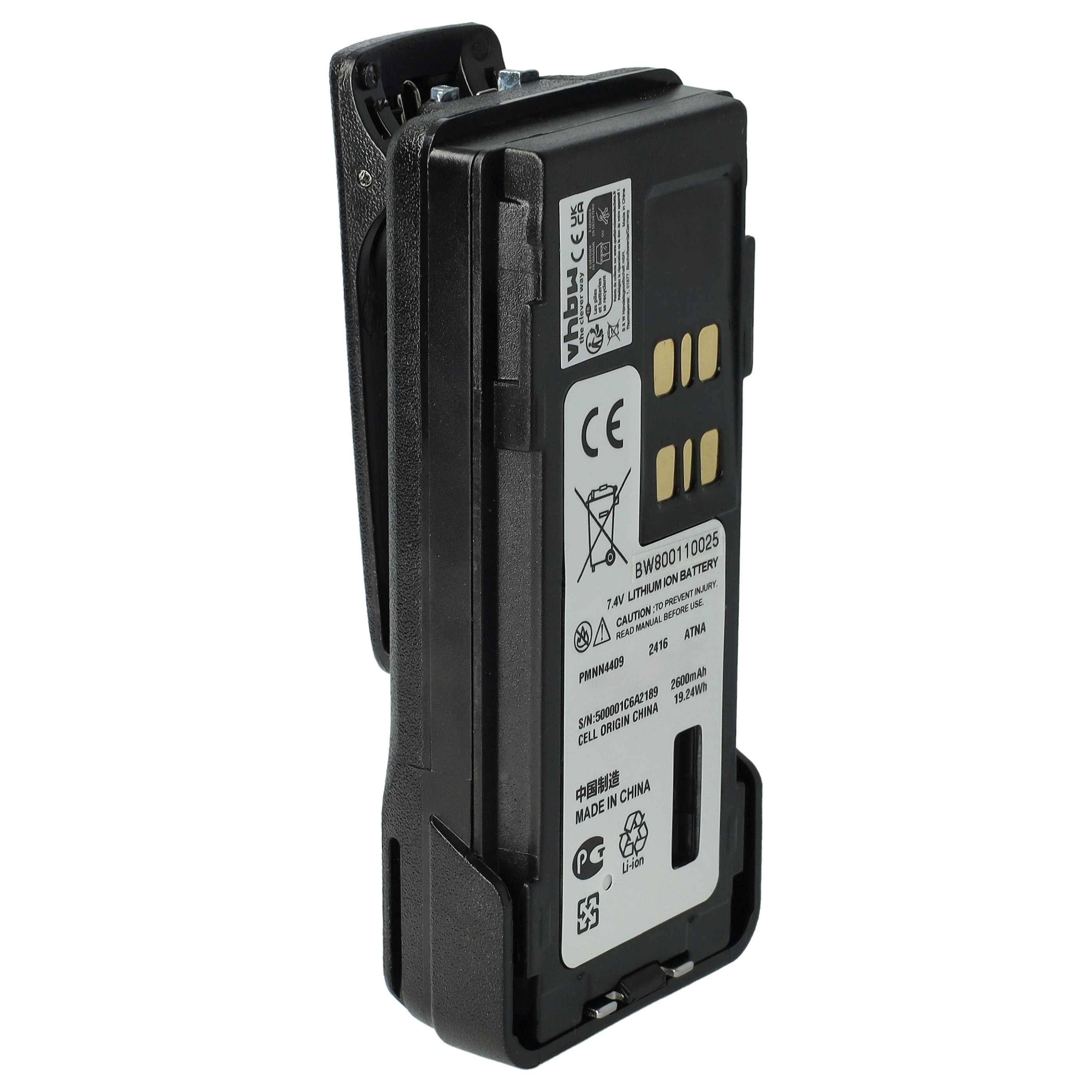 vhbw Akku Ersatz für Motorola PMNN4490B, PMNN4490A, PMNN4491 für Funkgerät, Walkie Talkie (2600 mAh, 7,4 V, Li-Ion) + Gürtelclip