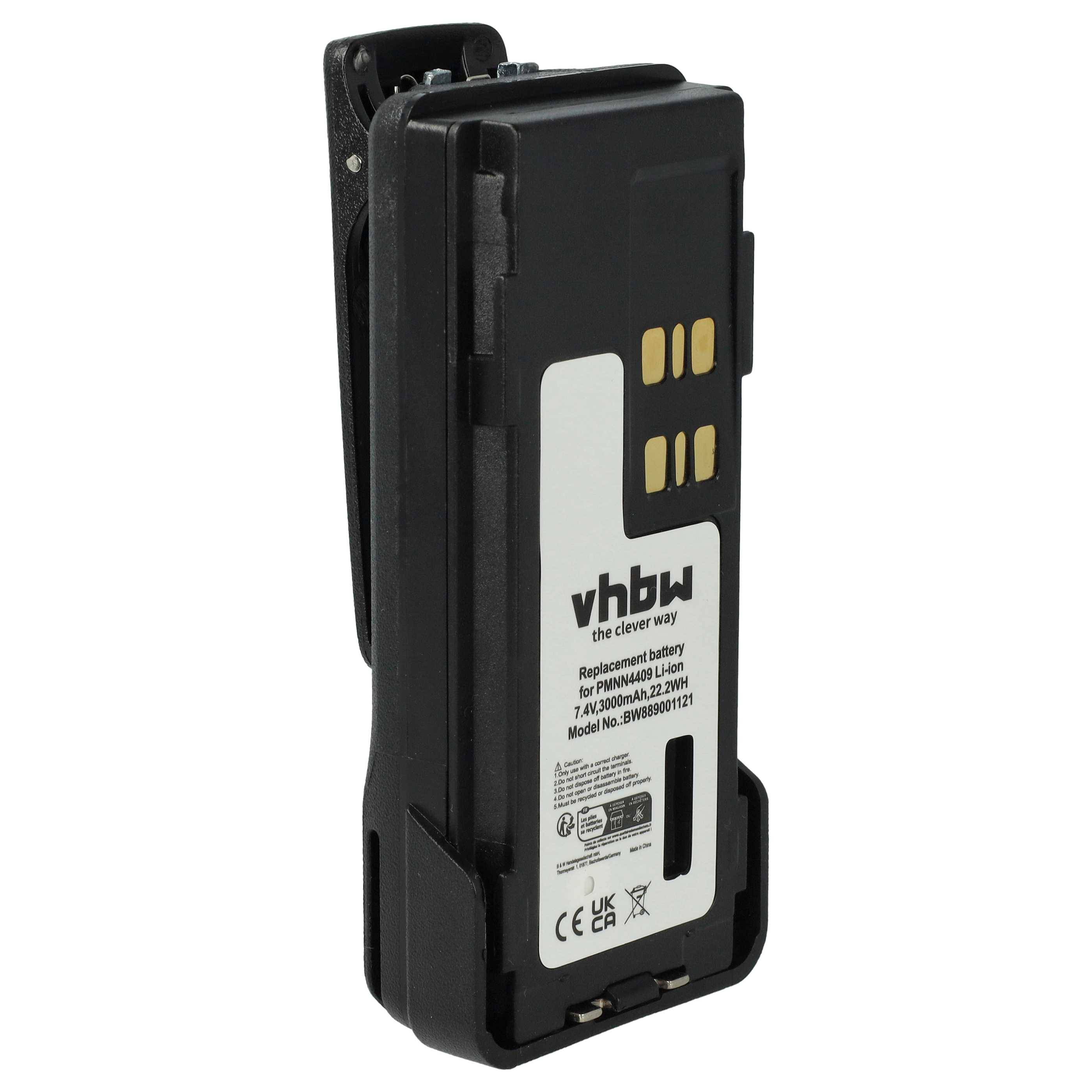 vhbw Akku Ersatz für Motorola PMNN4490B, PMNN4490A, PMNN4491 für Funkgerät, Walkie Talkie (3000 mAh, 7,4 V, Li-Ion) + Gürtelclip