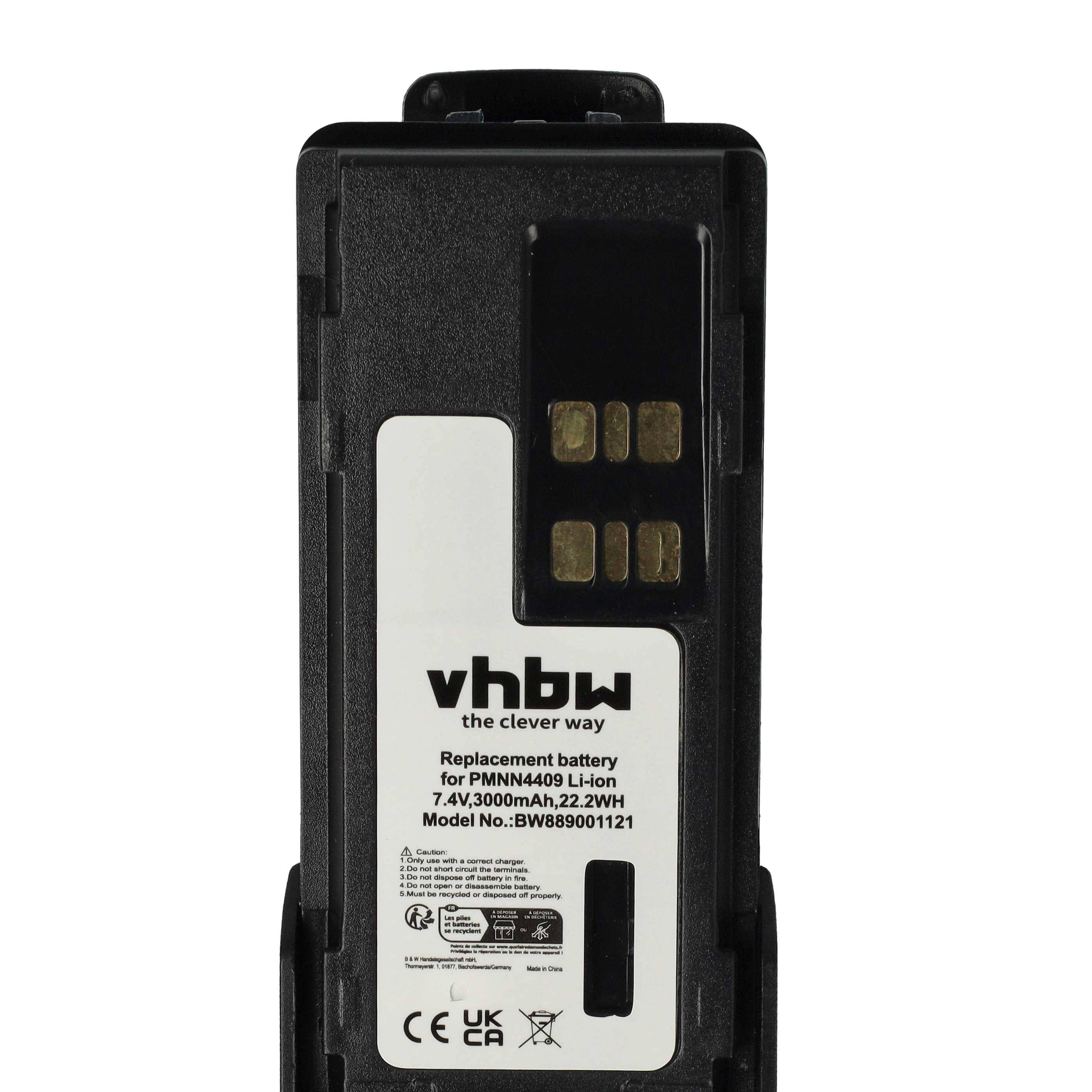 vhbw Akku Ersatz für Motorola PMNN4490B, PMNN4490A, PMNN4491 für Funkgerät, Walkie Talkie (3000 mAh, 7,4 V, Li-Ion) + Gürtelclip