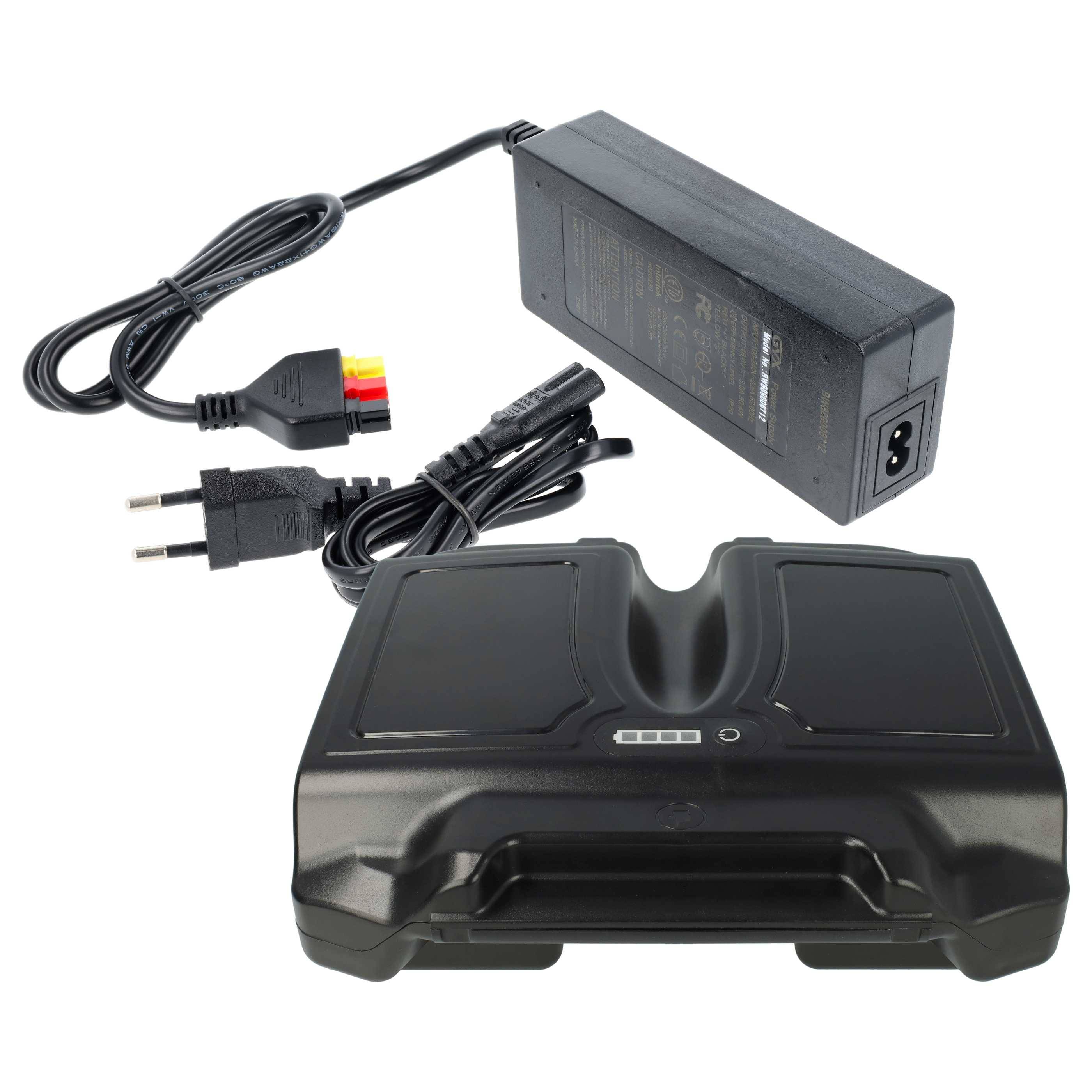 Ein schwarzes Ladegerät mit Stromkabeln und Netzteil, das für das Laden von E-Bike-Batterien entwickelt wurde, vor einem weißen Hintergrund abgebildet.