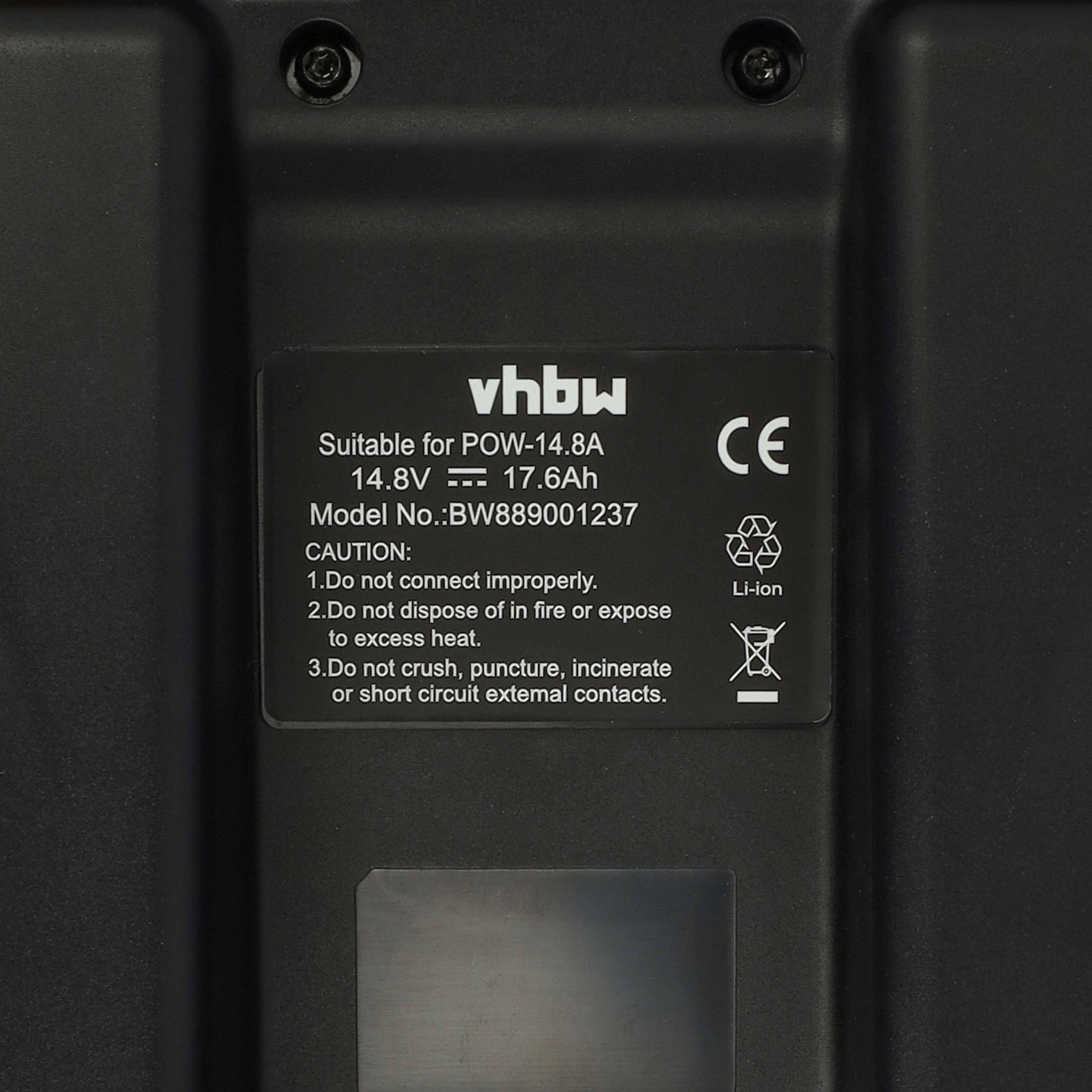 vhbw' Akkuetikett mit Modellnummer PW-14.8A, Kapazität 17,6 Ah, und Sicherheitshinweisen wie 'Nicht zerquetschen, durchstechen oder Feuer aussetzen.