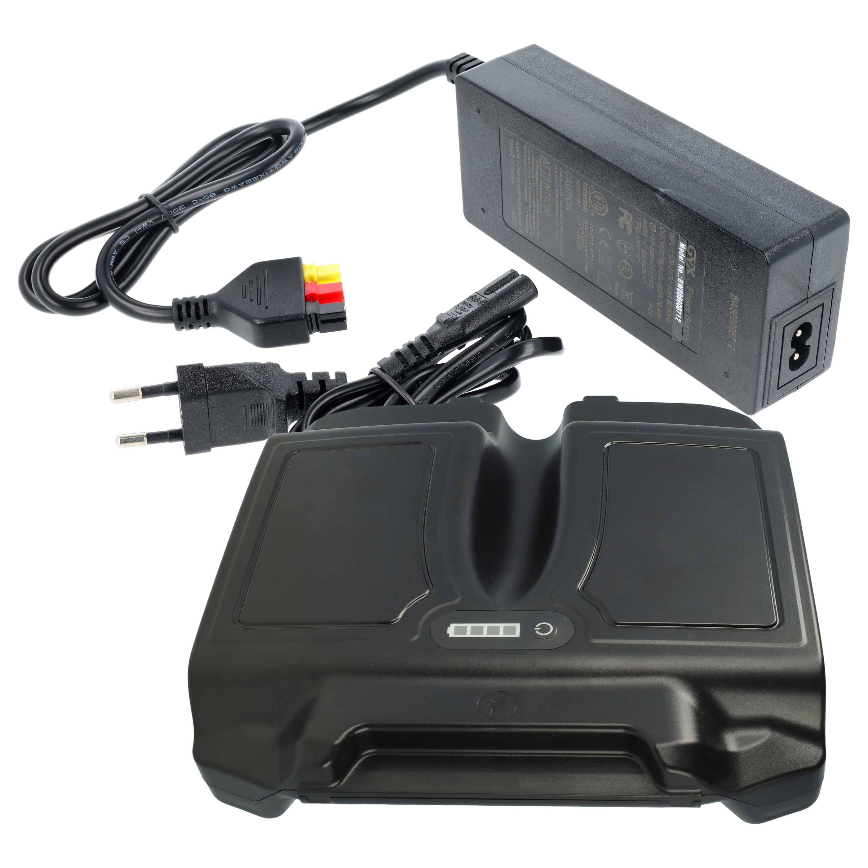 Ein Hoverboard-Ladegerät-Set mit einem Netzteil, Verbindungskabeln und Stecker. Das Hauptladegerät verfügt über eine Anzeigelampe und mehrere Anschlüsse.