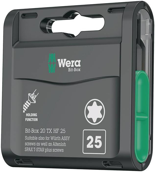 Wera Bit-Box 20 TX HF 25' mit Haltefunktion, geeignet für Würth ASSY, Altenloh und SPAX T-STAR plus Schrauben, zeigt Gehäusedesign.