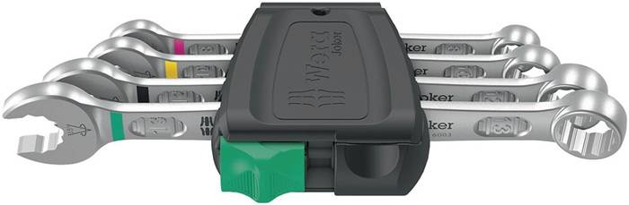 Ein kompaktes schwarzes und grünes Schraubenschlüssel-Set mit der Markenbezeichnung 'Wera Joker', das mehrere verstellbare Werkzeuge in einem eleganten Aufbewahrungskoffer enthält.