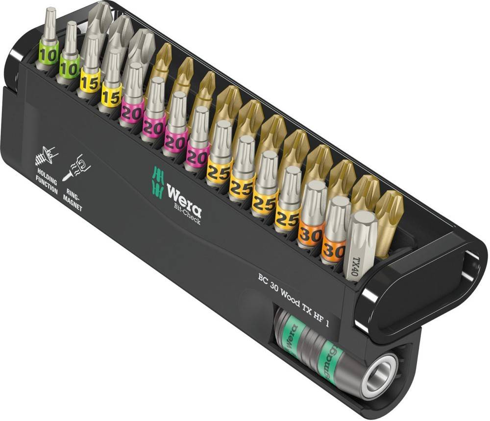 Ein Set von mehrfarbigen Schraubendreher-Bits, nach Größe und Typ in einem schwarzen Halter organisiert, mit Nummern zur einfachen Identifikation beschriftet.