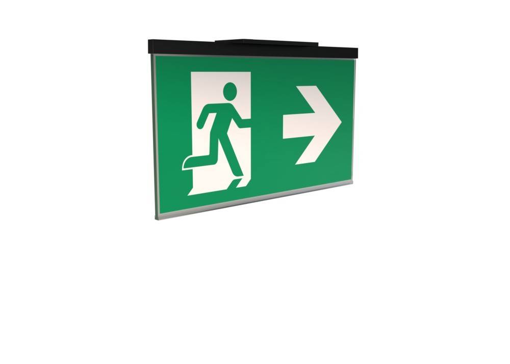 Ein beleuchtetes Notausgangsschild, das eine Person zeigt, die durch einen Türrahmen läuft, mit einem nach rechts weisenden Pfeil auf grünem Hintergrund.