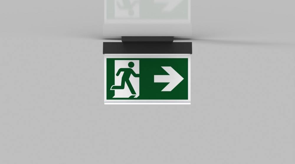 Ausgangsschild mit einer laufenden Figur und einem Pfeil, der nach rechts zeigt, zur Anzeige der Fluchtrichtung.