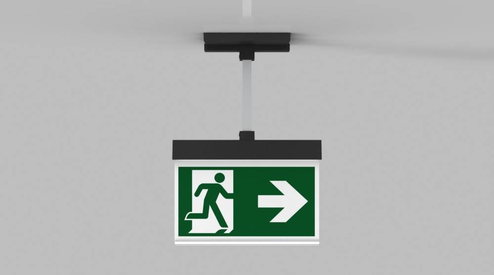 Notausgangsschild mit einer laufenden Figur und einem nach rechts zeigenden Pfeil, der die Richtung zum Notausgang anzeigt.
