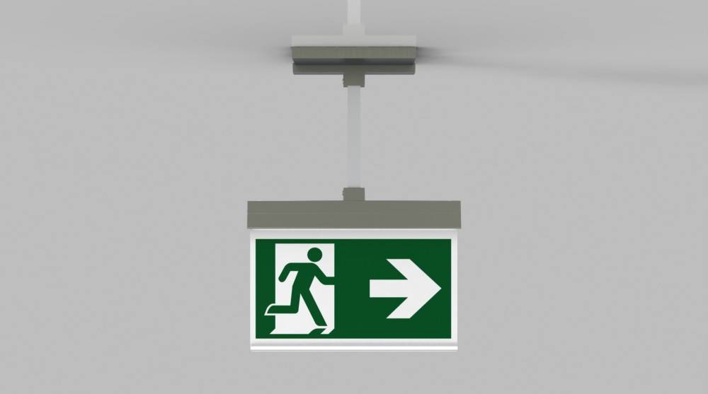 Notausgang-Schild mit einer laufenden Figur und einem nach rechts zeigenden Pfeil.