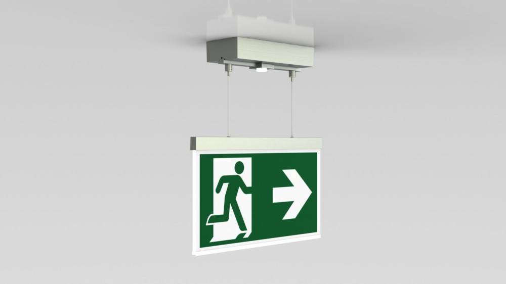 Deckenmontageschild für Notausgang mit einer dargestellten Person, die auf einen nach rechts weisenden Pfeil zuhält.