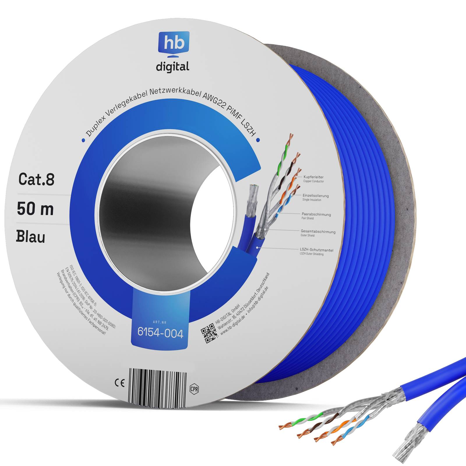 hb-digital CAT 8 Kabel Duplex Installationskabel 50m max. 2000 MHz S/FTP AWG22 LSZH blau