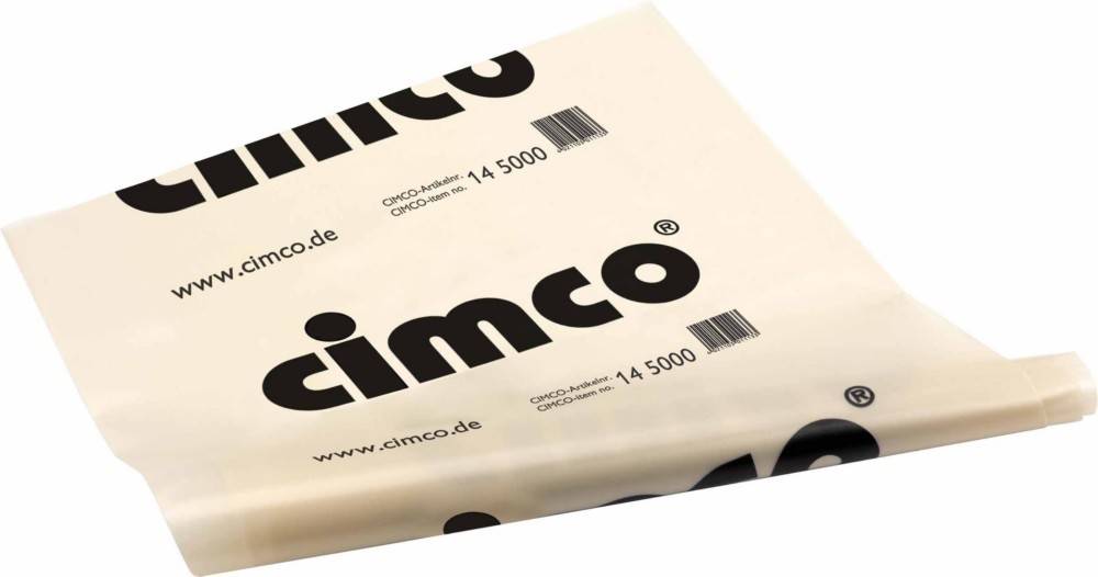 Gefaltetes beiges Cimco-Markenbaumaterial oder Verpackung mit wiederholten schwarzen 