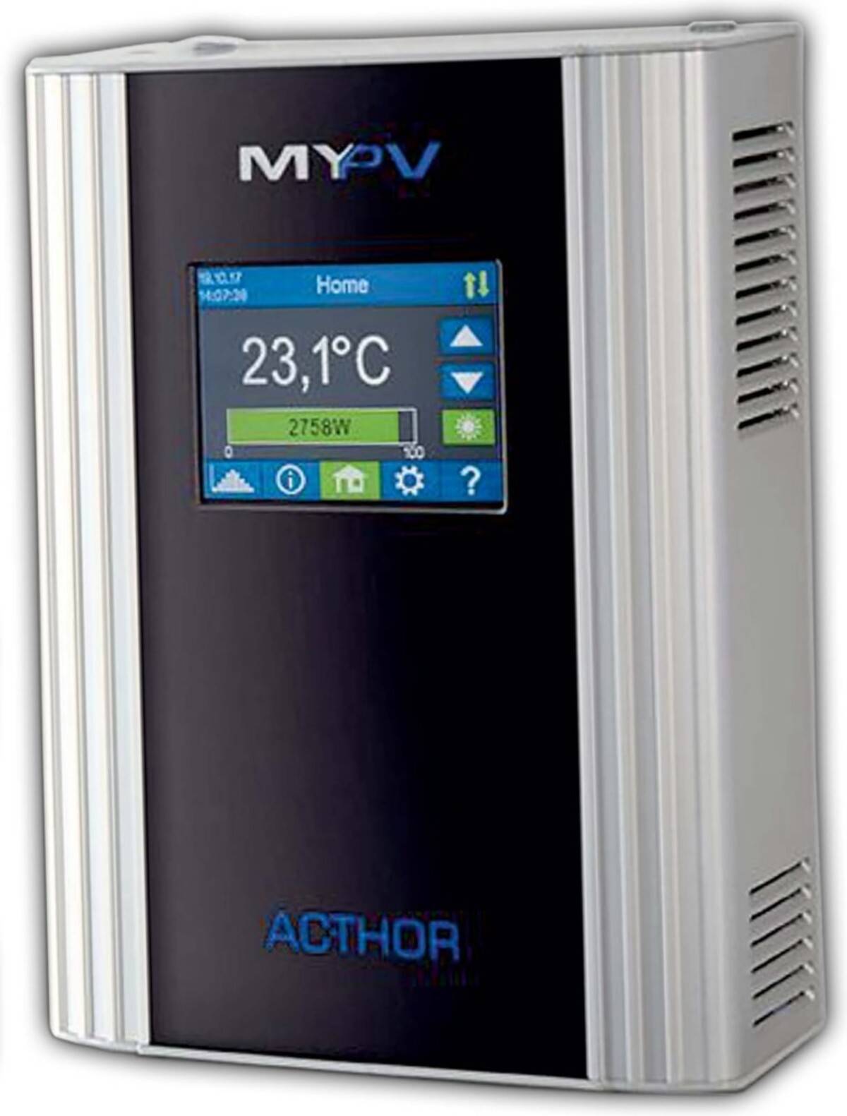 Wandmontierte MYPV ACTHOR Energieregelung mit Display, das 23,1°C, 2758W und Startseite-Einstellungssymbole anzeigt.