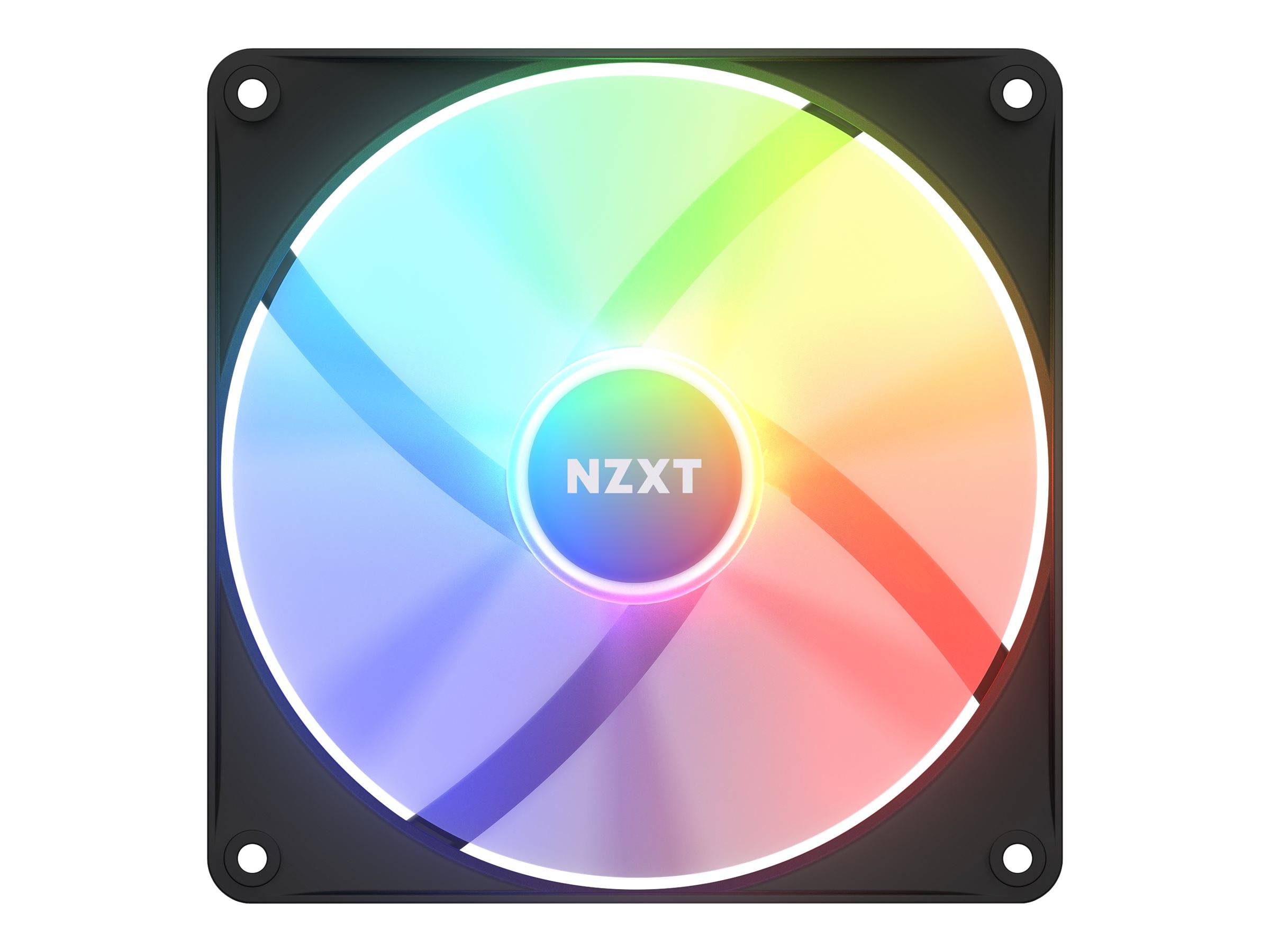 Ein quadratischer NZXT RGB Computer-Kühlerlüfter mit einem farbenfrohen Regenbogen-Lichtring auf einem schwarzen Rahmen.