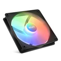 RGB-Computerlüfter mit schwarzem Rahmen und mehrfarbig beleuchteten Flügeln, dargestellt auf weißem Hintergrund.