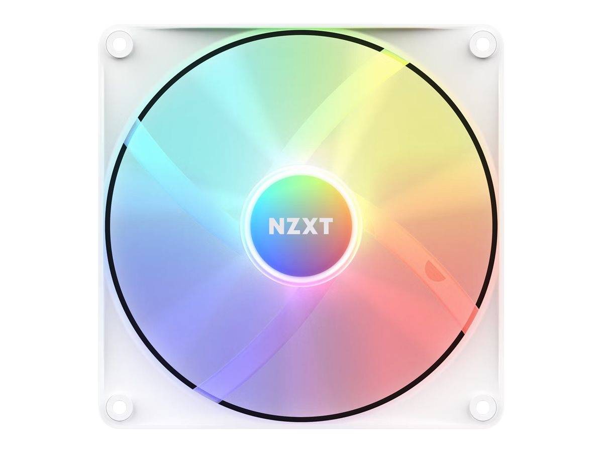 RGB-PC-Kühlüfter mit durchsichtigen Schaufeln und NZXT-Logo in der Mitte, gezeigt auf einem weißen quadratischen Rahmen mit Eckbefestigungspfosten.