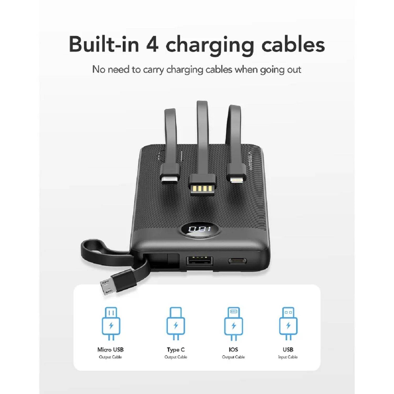 VEGER Powerbank C10 - 10 000mAh (Micro + Typ C + iPhone) Ladekabel Schwarz (W1116)