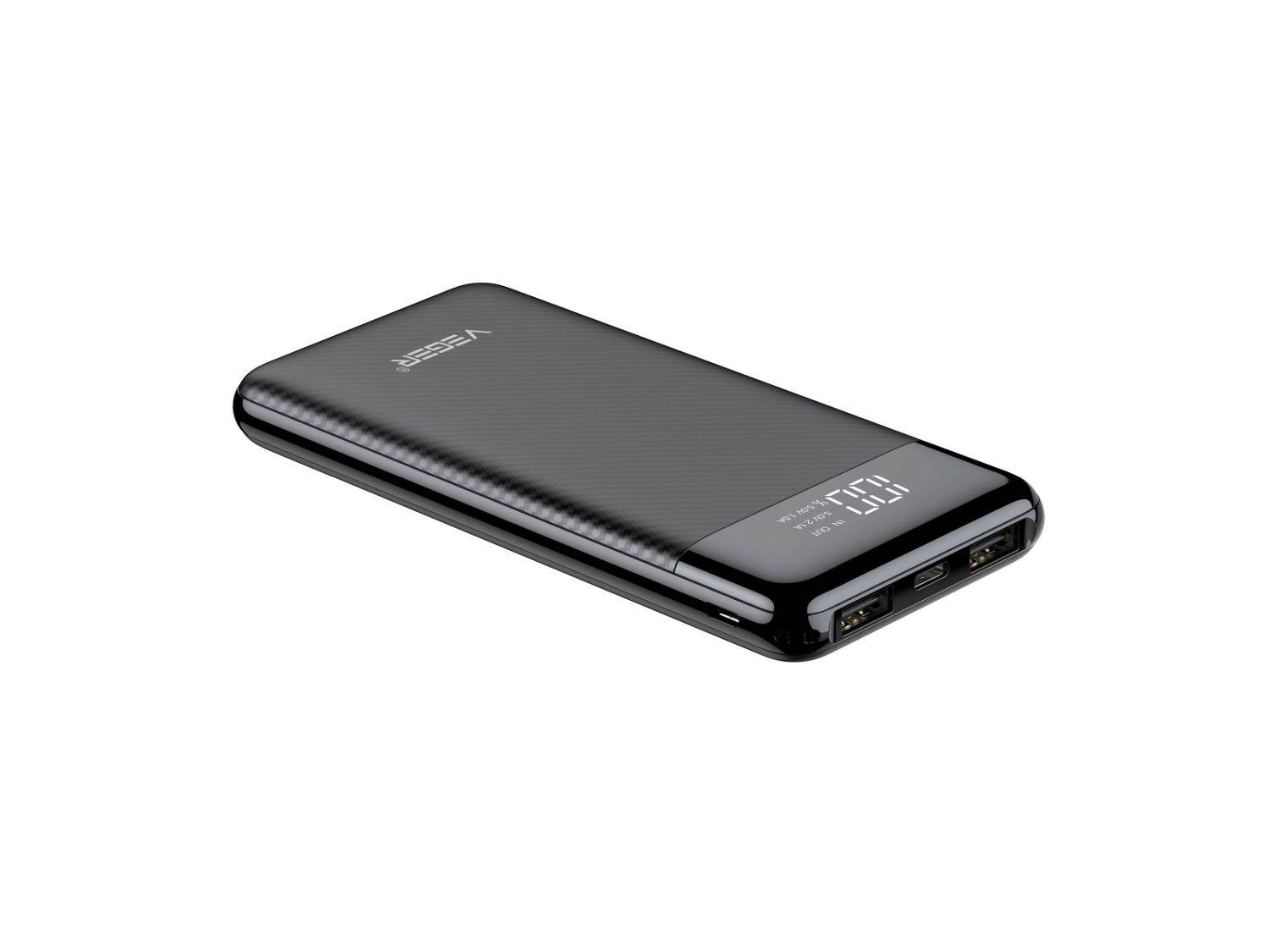 VEGER Powerbank L11 - 10 000mAh LCD Micro-USB, USB-C und 2x USB, schnelles Aufladen Schwarz (W1087)