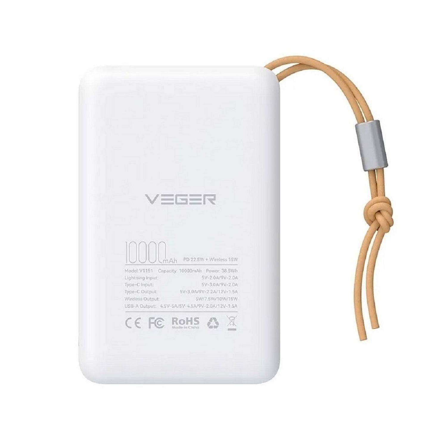 VEGER Power Bank MagOn mit Wireless Charging Support MagSafe 15W - 10 000mAh PD 22,5W Weiß (VP1151 / W1151)