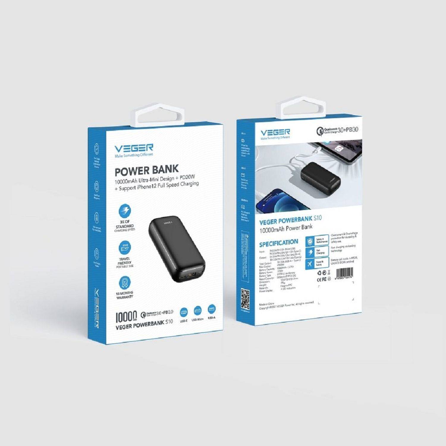 VEGER Power Bank S10 - 10 000mAh LCD Quick Charge PD 20W USB-A-, USB-C- und Micro-USB-Ladeanschluss Schwarz