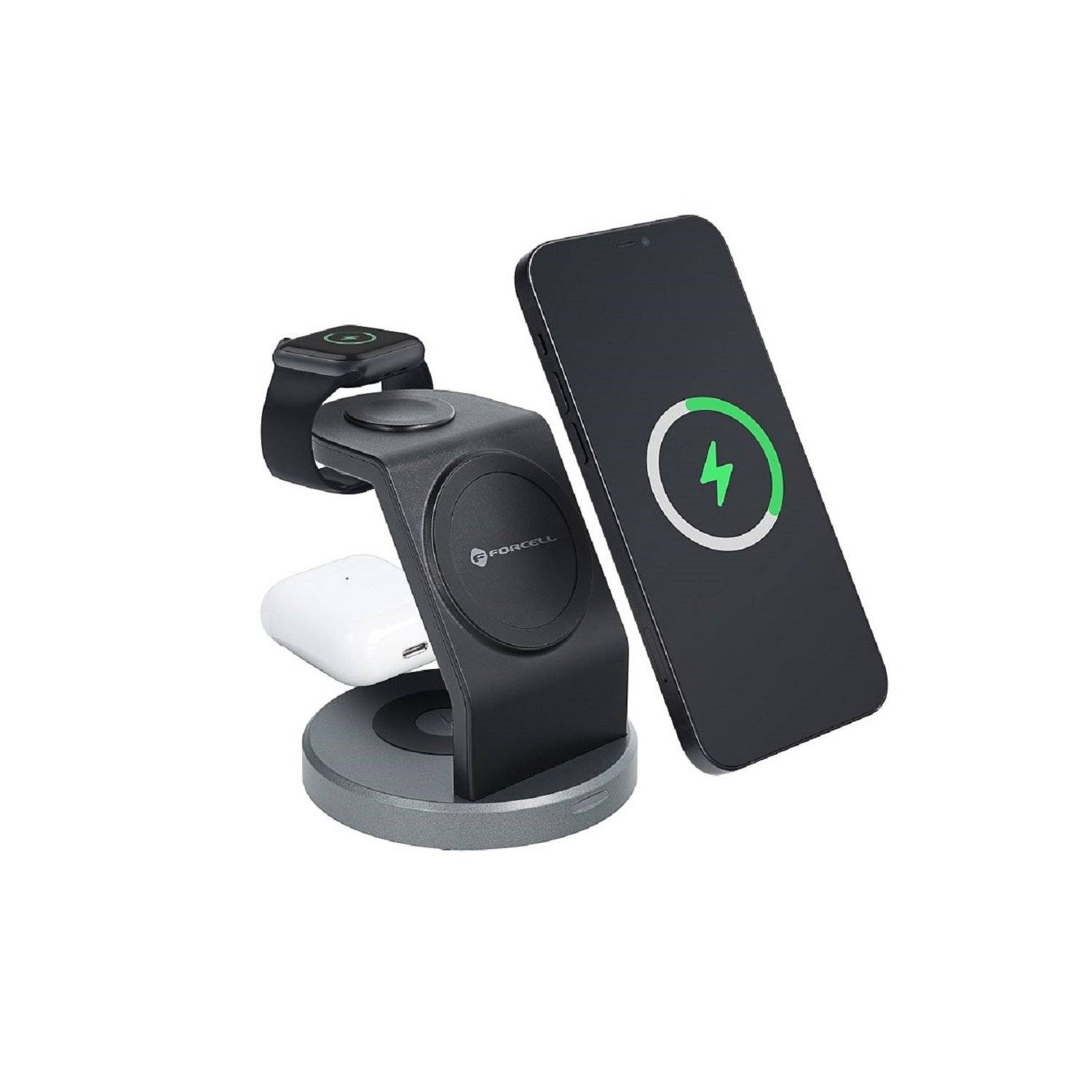 FORCELL Wireless drahtloses Ladegerät 3in1 15W Solid Mag Charger Unterstützung MagSafe Schwarz
