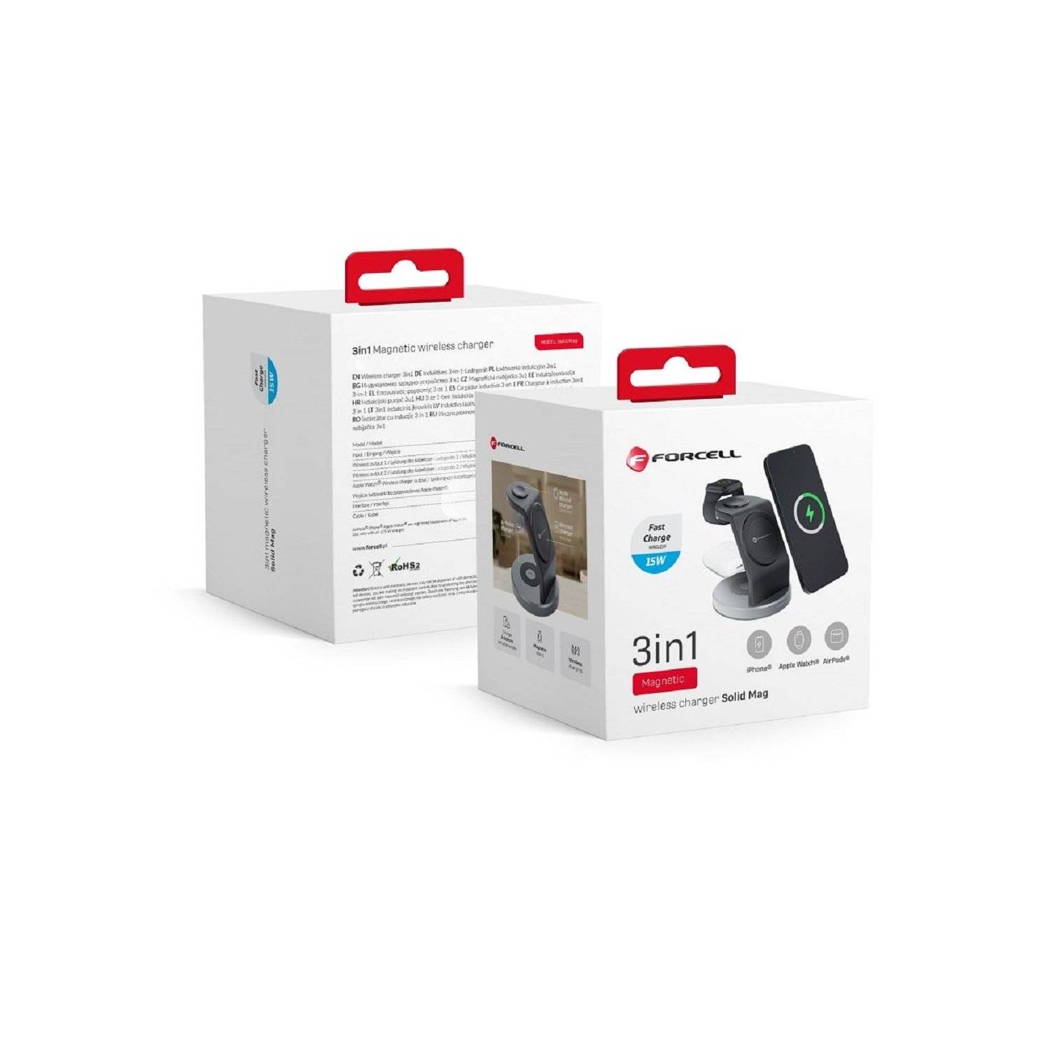 FORCELL Wireless drahtloses Ladegerät 3in1 15W Solid Mag Charger Unterstützung MagSafe Schwarz