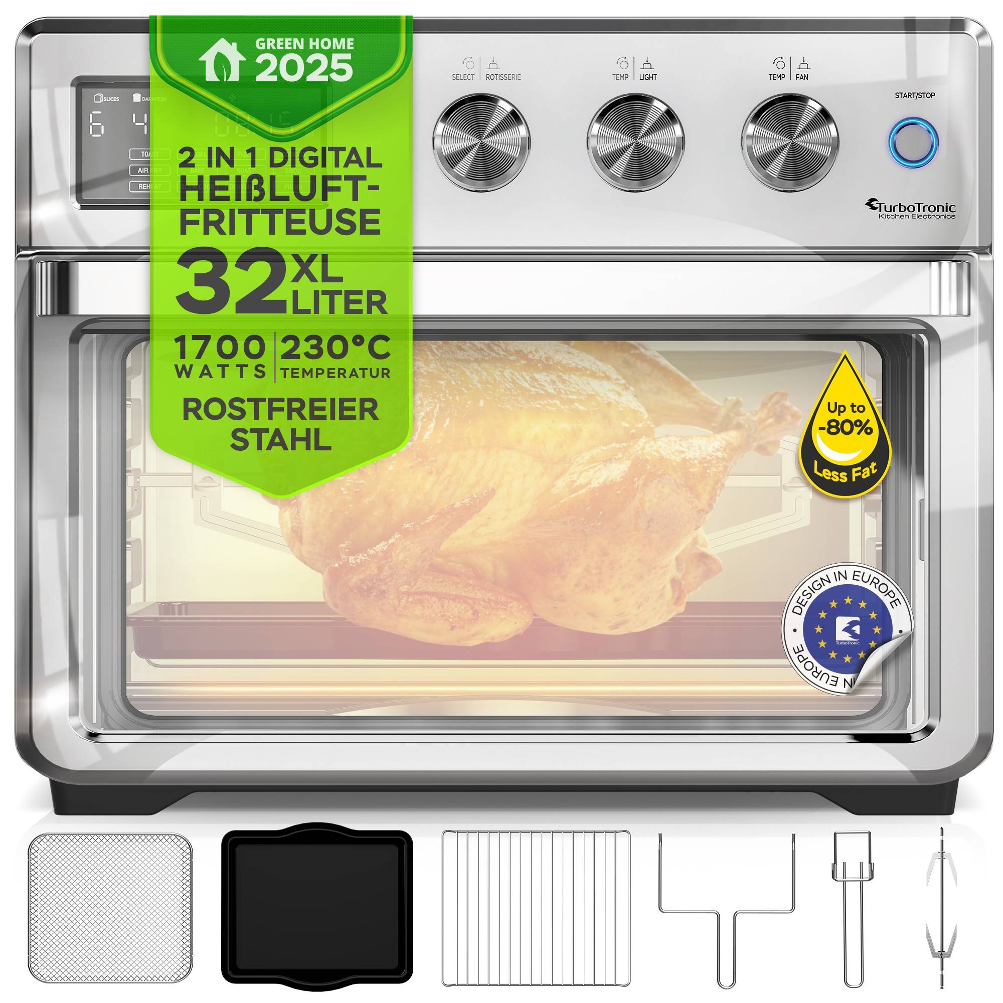TurboTronic digitaler Heißluftofen - XXL 32 Liter mit Drehspieß für Hähnchen 5 in1 Mini Backofen, Dörrer & Power Heißluftfritteuse Airfryer ab 2