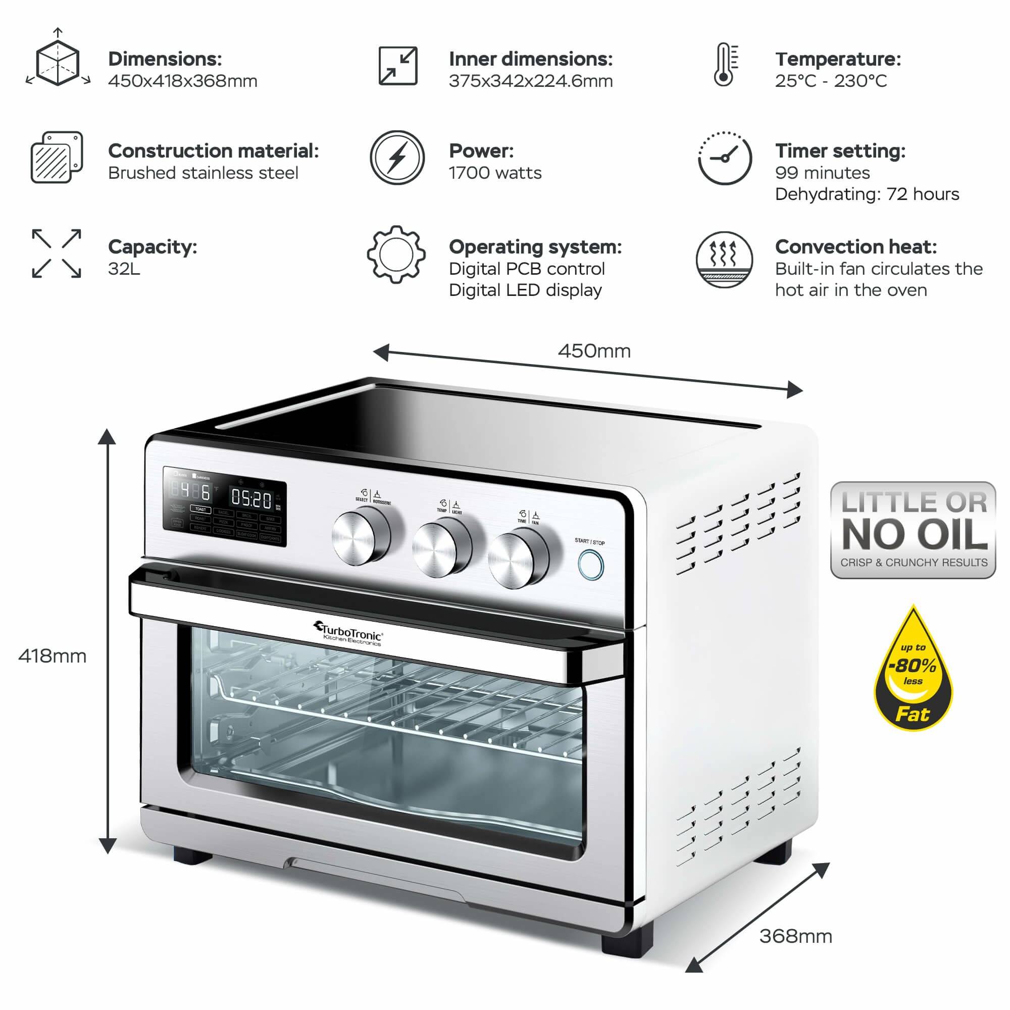 TurboTronic digitaler Heißluftofen - XXL 32 Liter mit Drehspieß für Hähnchen 5 in1 Mini Backofen, Dörrer & Power Heißluftfritteuse Airfryer ab 2