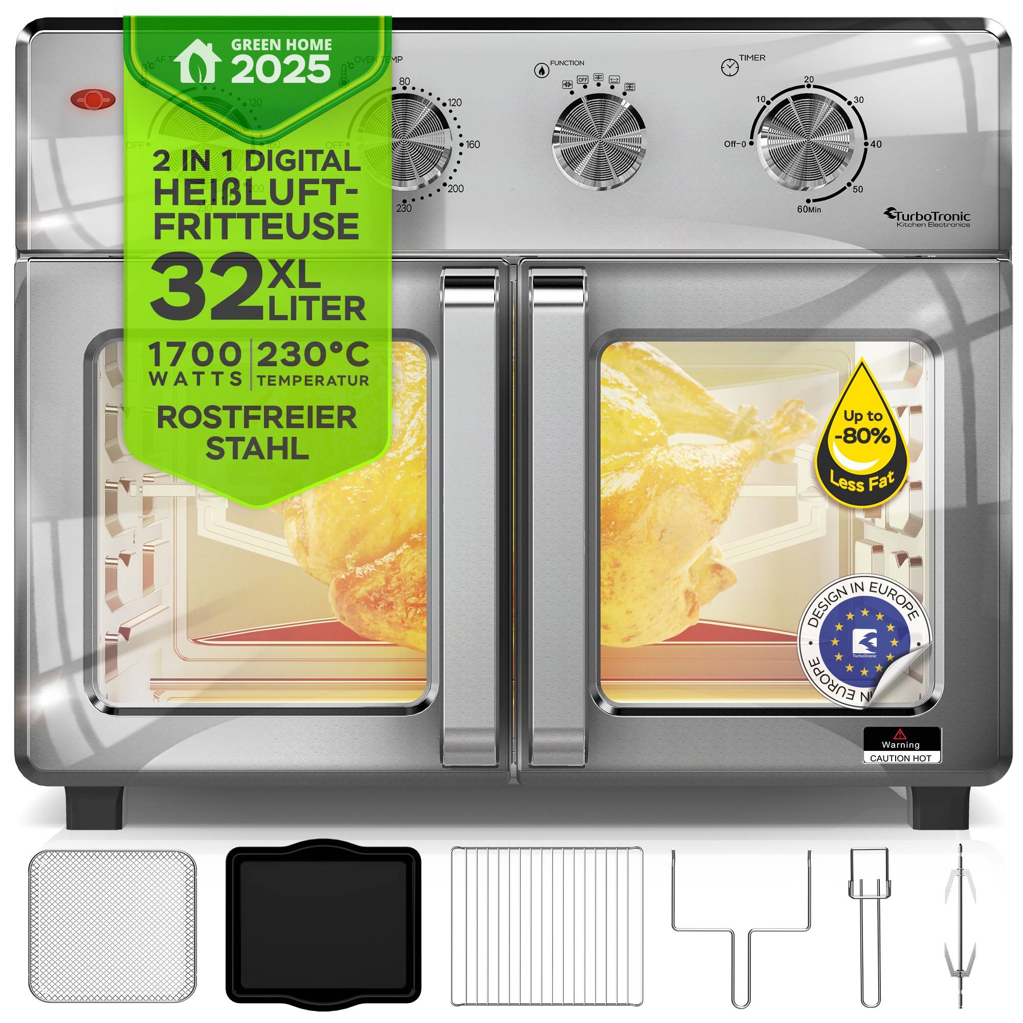 TurboTronic digitaler Heißluftofen - XXL 32 Liter mit Drehspieß für Hähnchen 4in1 Mini Backofen & Power Heißluftfritteuse Airfryer ab 80°C