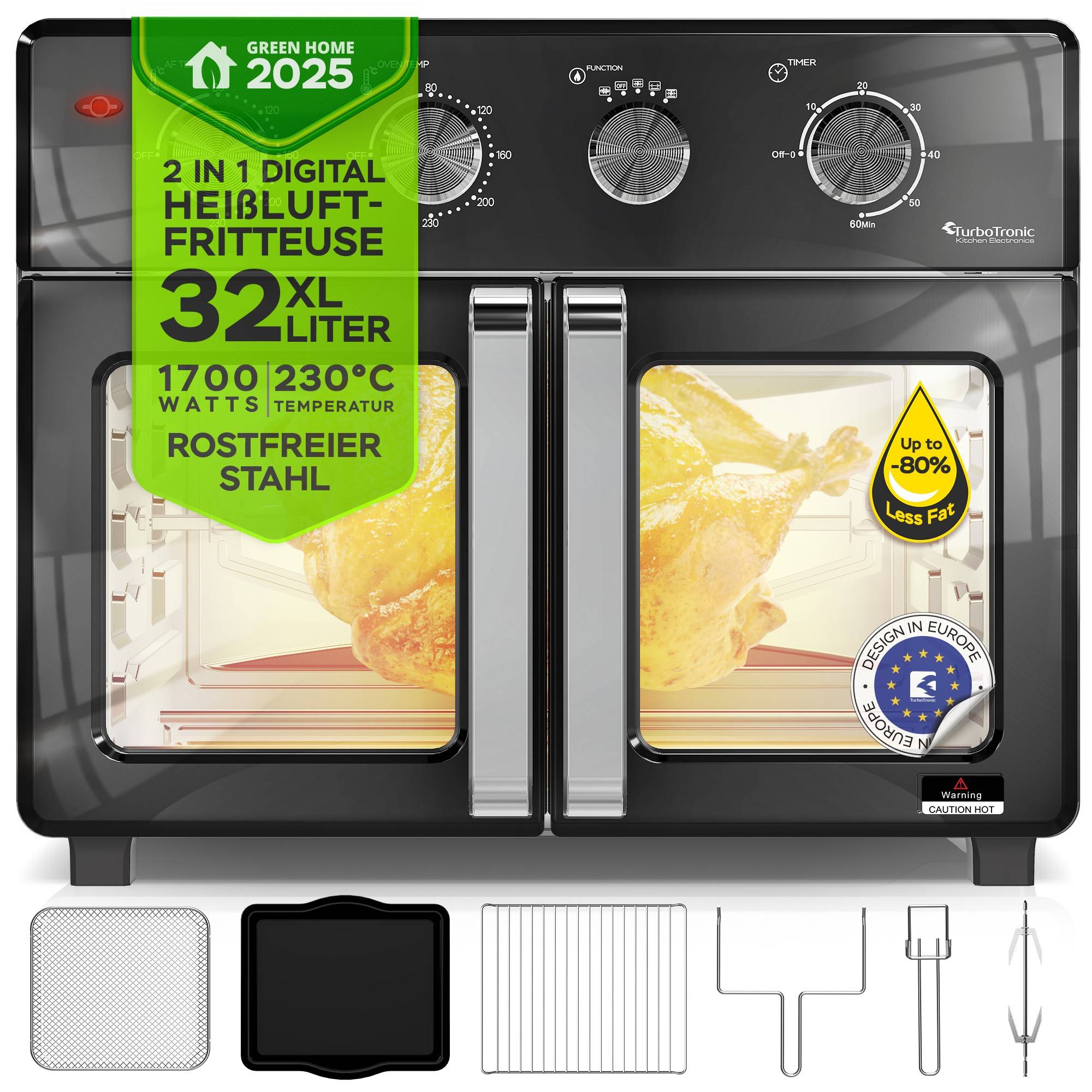 TurboTronic digitaler Heißluftofen - XXL 32 Liter mit Drehspieß für Hähnchen 4in1 Mini Backofen & Power Heißluftfritteuse Airfryer ab 80°C