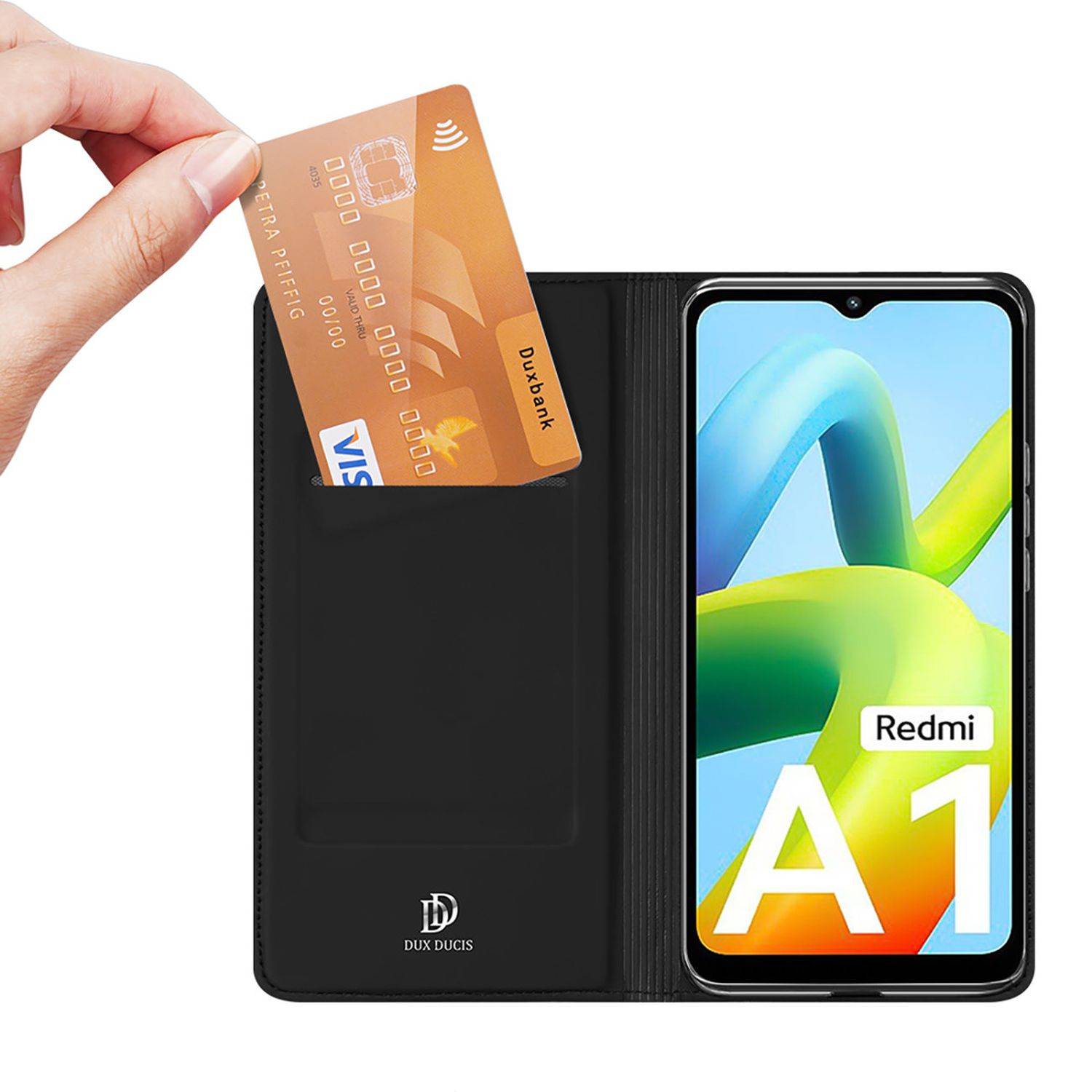 Buch Tasche kompatibel mit Xiaomi Redmi A1 Hülle Etui Brieftasche Schutzhülle mit Standfunktion, Kartenfach Schwarz