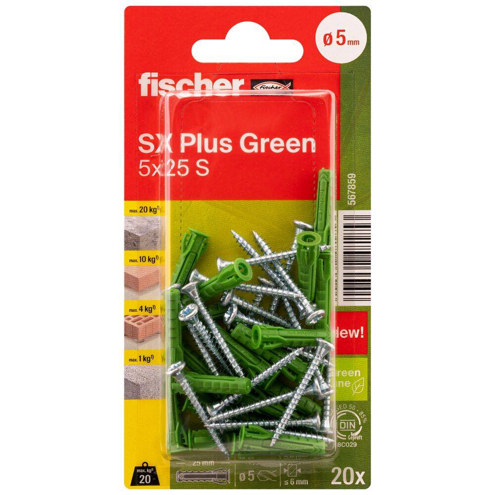 Spreizdübel SX Plus Green - Ø 5 mm - Länge 25 mm - mit Spanplattenschrauben - Blisterinhalt 20 Stück - VE 5 Blister - Preis per VE