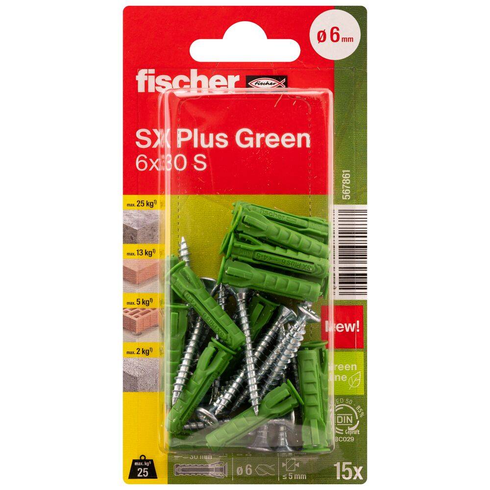 Spreizdübel SX Plus Green - Ø 6 mm - Länge 30 mm - mit Spanplattenschrauben - Blisterinhalt 15 Stück - VE 5 Blister - Preis per VE