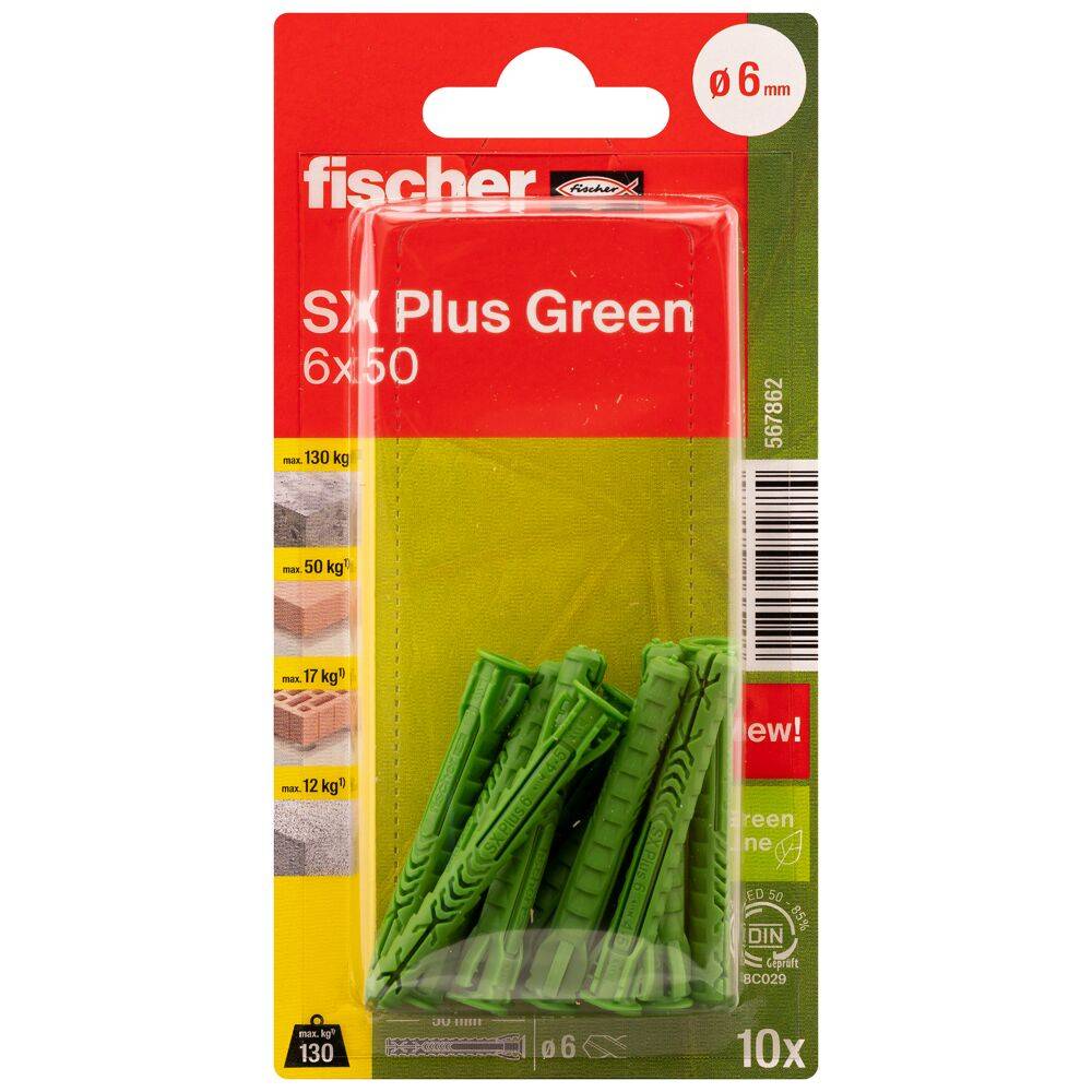 Spreizdübel SX Plus Green - Ø 6 mm - Länge 50 mm - ohne Schrauben - Blisterinhalt 10 Stück - VE 5 Blister - Preis per VE